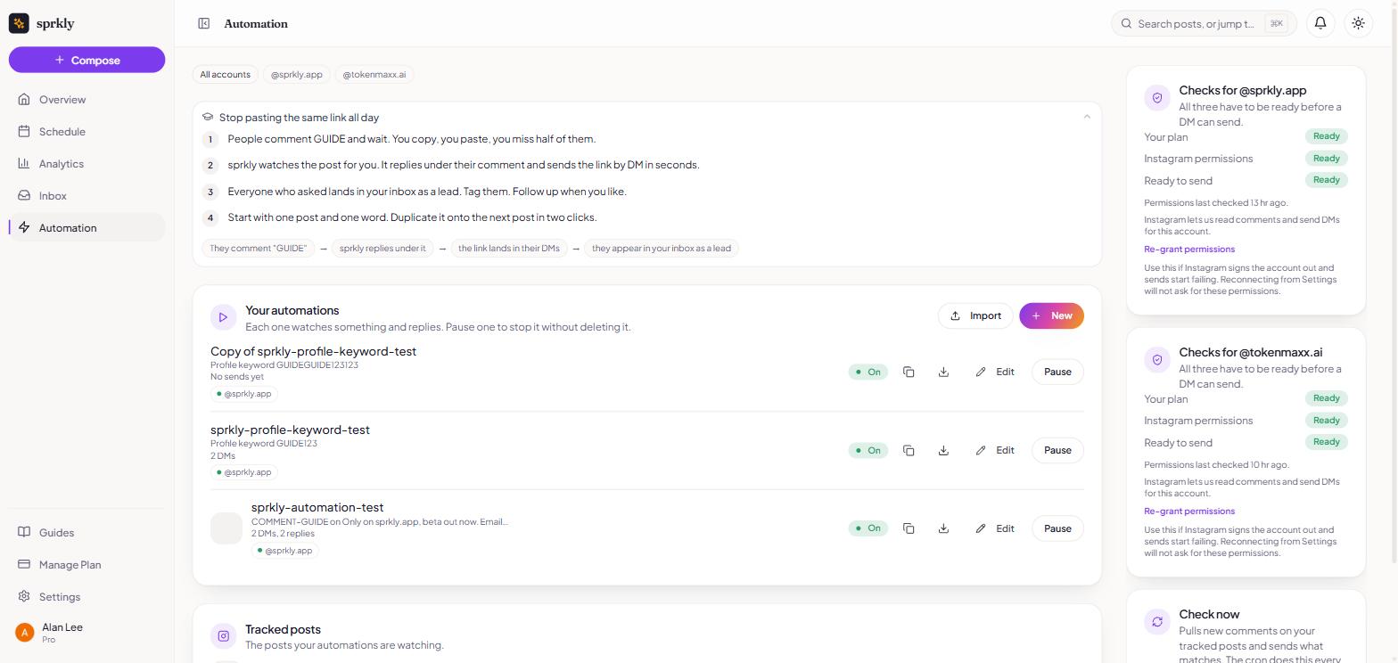 sprkly automation hub listing comment-to-DM automations with on and pause states, and readiness checks for two Instagram accounts