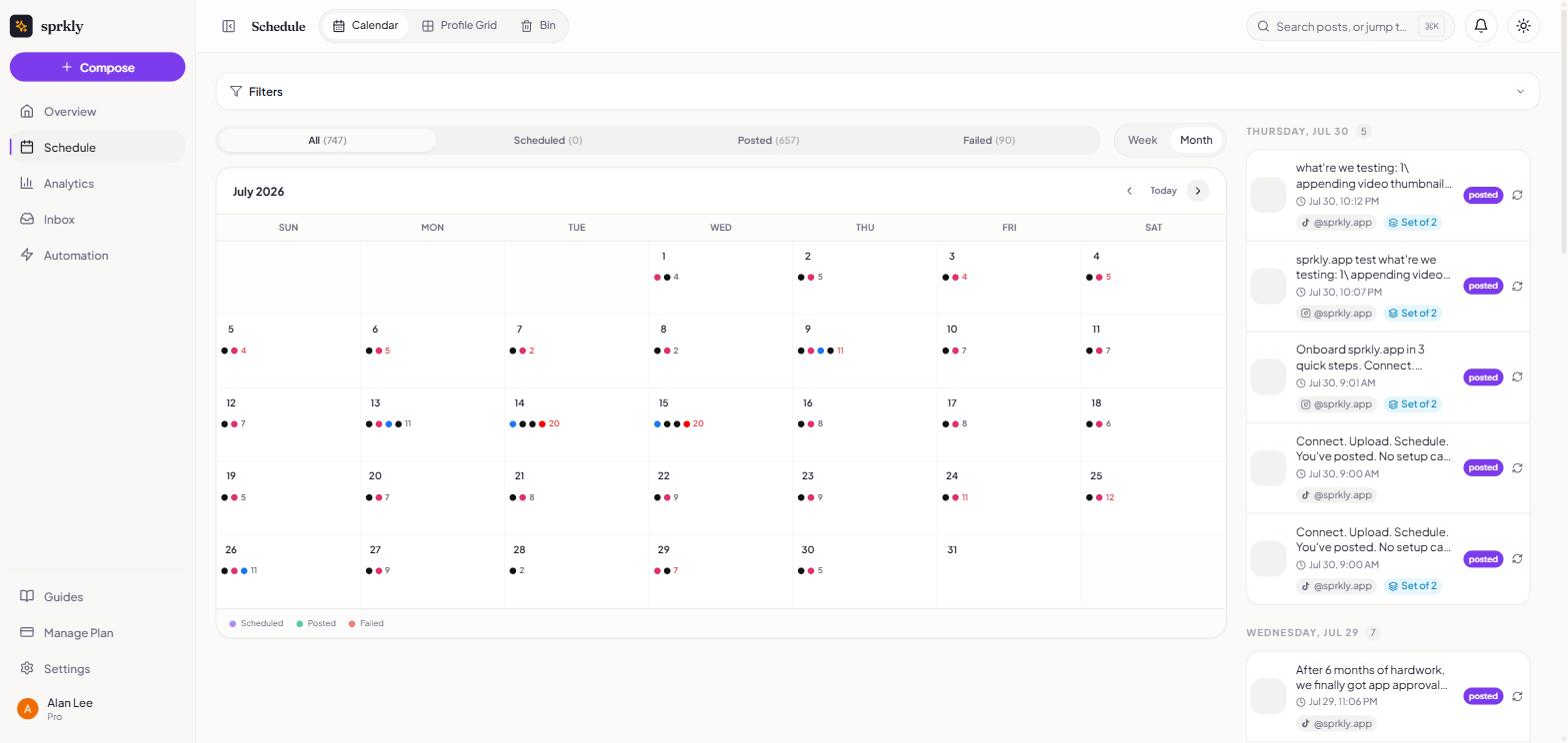 sprkly content calendar in month view for July 2026 with posts on every day across Instagram, TikTok, YouTube, Threads and Facebook